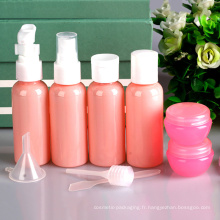 Ensemble de voyage en plastique rose, 9 pièces, bouteille pulvérisateur à pompe (PT03)